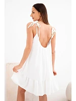 Dámske viskózové šaty bez ramienok s volánom a viazankou biele