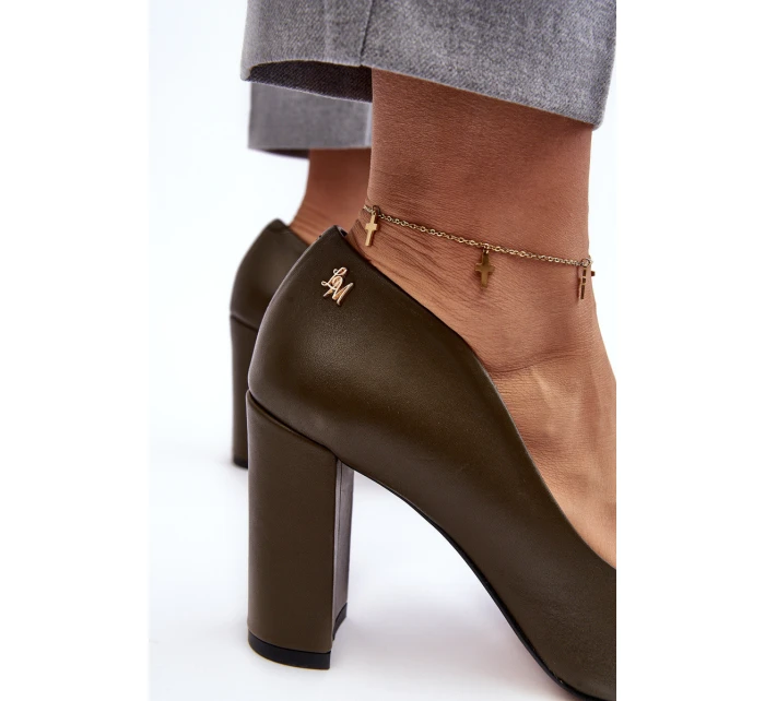 Skórzane Czółenka Na Słupku Laura Messi 2624/227 Ciemnozielone