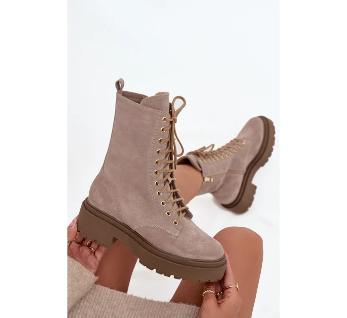 Botki Workery Damskie Z Naturalnego Zamsz Ocieplane Zazoo 4213 Beżowe