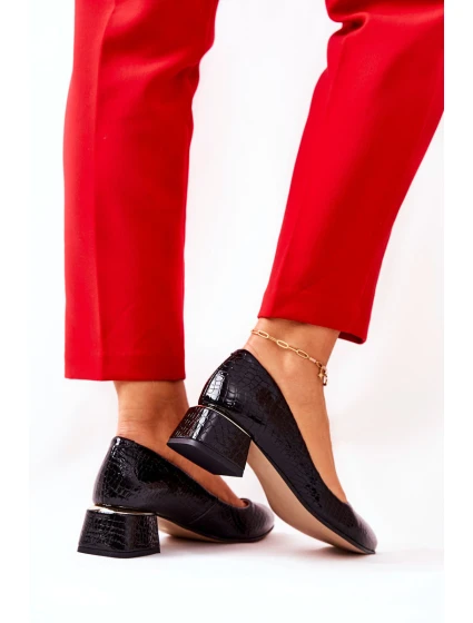 Skórzane Wężowe Czółenka Lewski 3118 Czarne