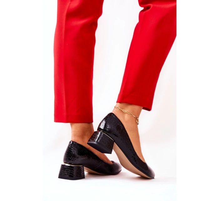 Skórzane Wężowe Czółenka Lewski 3118 Czarne