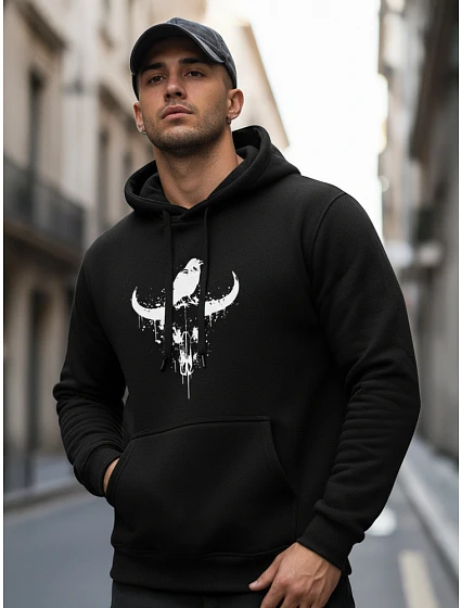 Pánska mikina s potlačou lebky býka čierna FashionStreet NX0060B Pánska mikina s potlačou lebky býka čierna FashionStreet NX0060B