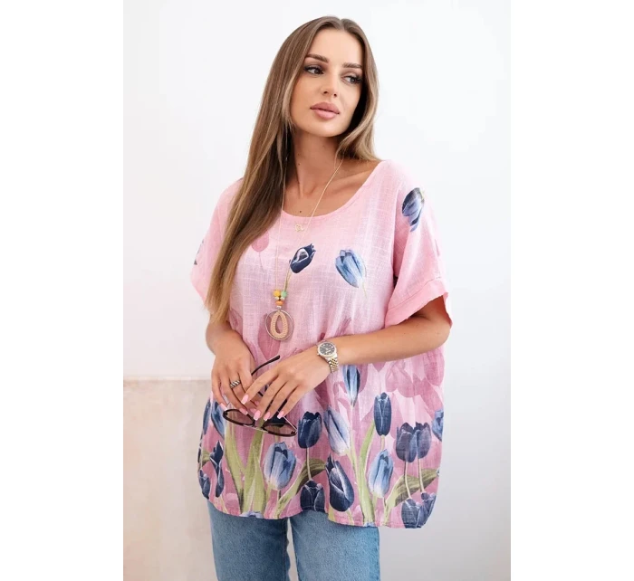 Dámská bavlněná košile s květinovým vzorem světle růžová