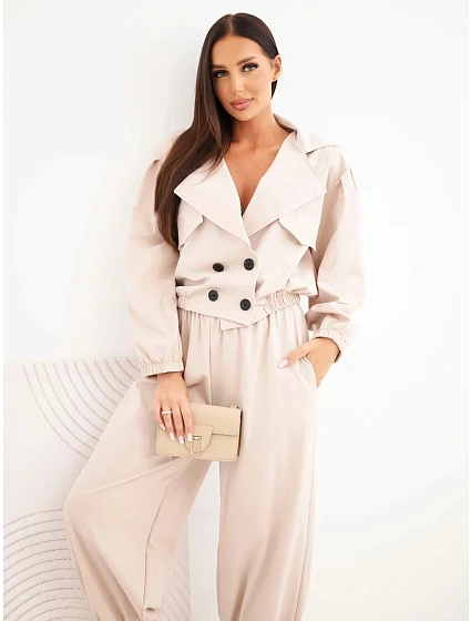 Dámska bavlnená súprava s golierom a joggerovými nohavicami, béžová Dámska bavlnená súprava s golierom a joggerovými nohavicami, béžová