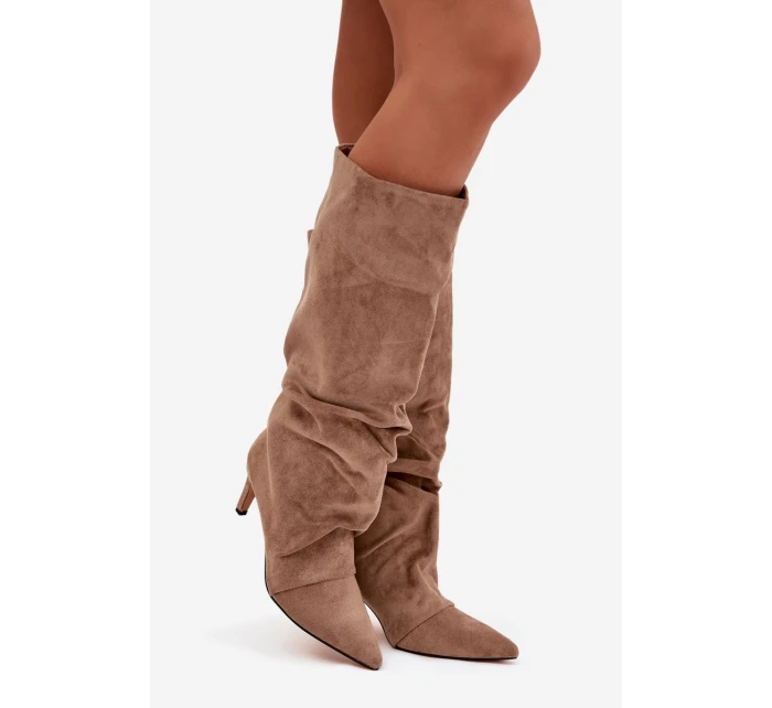 Dámske zateplené čižmy na podpätku Mavella - béžové, eko semiš Dámske zateplené čižmy na podpätku Mavella - béžové, eko semiš