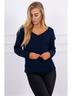 Pletený sveter s výstrihom do V tmavomodrý