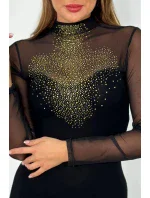 Pletené šaty s tylovými rukávmi a výstrihom čierny Pletené šaty s tylovými rukávmi a výstrihom čierny