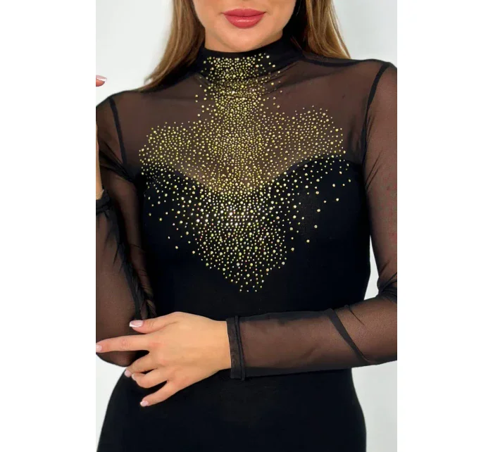 Pletené šaty s tylovými rukávmi a výstrihom čierny Pletené šaty s tylovými rukávmi a výstrihom čierny