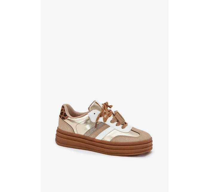 Sneakersy Damskie Na Platformie Z Podwójnym Sznurowaniem Panterka Złote Niteria Sneakersy Damskie Na Platformie Z Podwójnym Sznurowaniem Panterka Złote Niteria