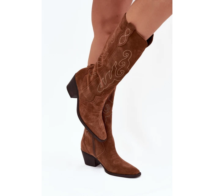 Zamszowe Kozaki Kowbojki Damskie Na Obcasie Camel Karira