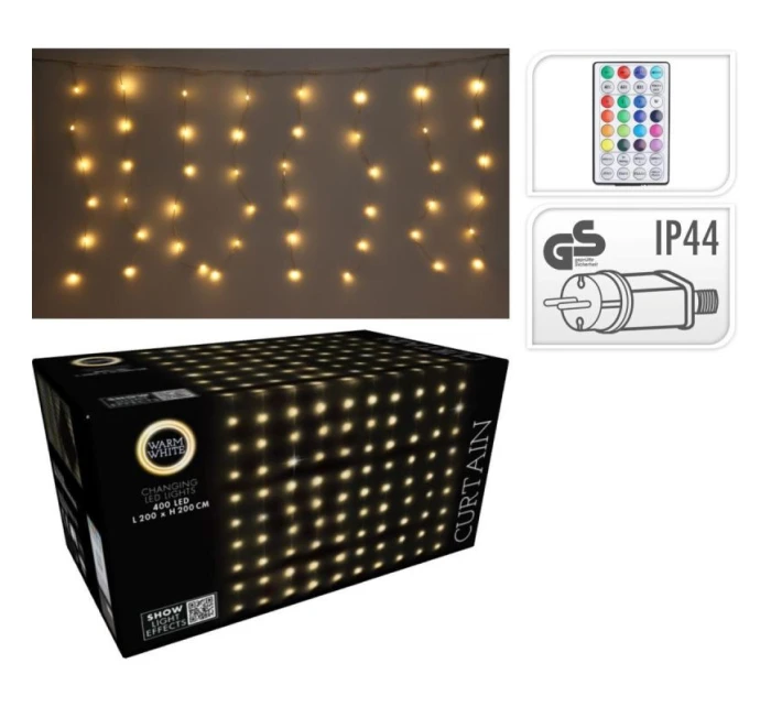 VIANOČNÉ STROMČEKY VONKAJŠIE/VNÚTORNÉ SVETELNÉ ZÁVESY 400 LED WW 200X200CM S DIAĽKOVÝM OVLÁDANÍM TEPLÁ BIELA