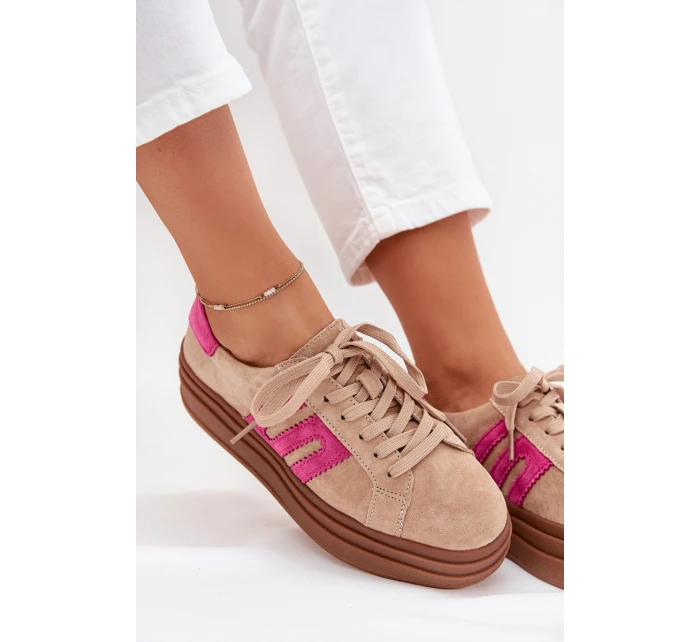 Sneakersy Damskie Na Platformie Z Naturalnego Zamszu Beżowo-Różowe Eldira