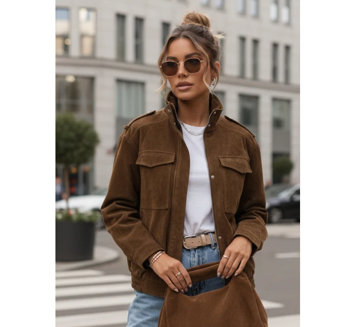 Dámska semišová bunda / bomber TY5578 Tmavo hnedá - Fashion Street