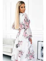 Bílé dámské midi šaty se vzorem výstřihem a páskem model 22077520 - numoco basic Bílé dámské midi šaty se vzorem výstřihem a páskem model 22077520 - numoco basic