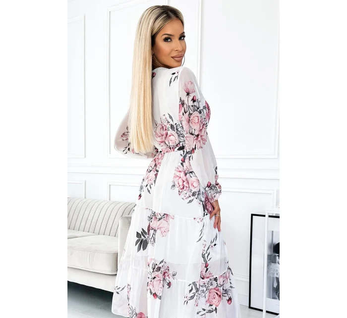 Bílé dámské midi šaty se vzorem výstřihem a páskem model 22077520 - numoco basic Bílé dámské midi šaty se vzorem výstřihem a páskem model 22077520 - numoco basic