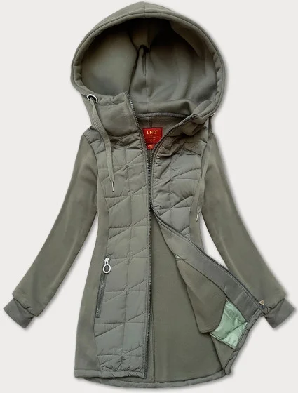 Šedo-zelená dámska mikina na zips z rôznych lepených materiálov LHD (AMG-165) Šedo-zelená dámska mikina na zips z rôznych lepených materiálov LHD (AMG-165)