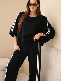 Dámsky viskózový komplet so širokými nohavicami a voľnou blúzkou čierny