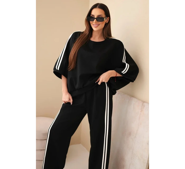 Dámsky viskózový komplet so širokými nohavicami a voľnou blúzkou čierny