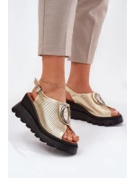 Skórzane Sandały Damskie Na Koturnie Z Ozdobą Artiker 56C0109 Złote Skórzane Sandały Damskie Na Koturnie Z Ozdobą Artiker 56C0109 Złote
