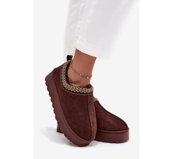 Dámske snehule Taliah s nízkou platformou a výšivkou - čokoládové