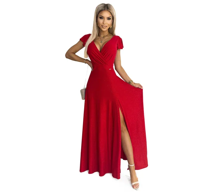 CRYSTAL Dlouhé červené lesklé dámské šaty s výstřihem model 18326796 - numoco