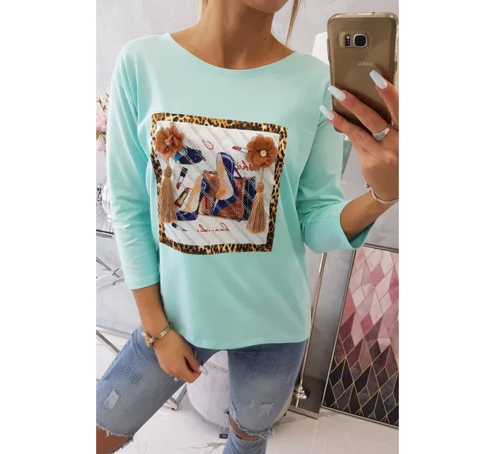 Blúzka s 3D grafikou a zdobenými volánikmi mint