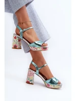 Dámské sandály na podpatku s květinami D&A model 21660335 modré - S.Barski