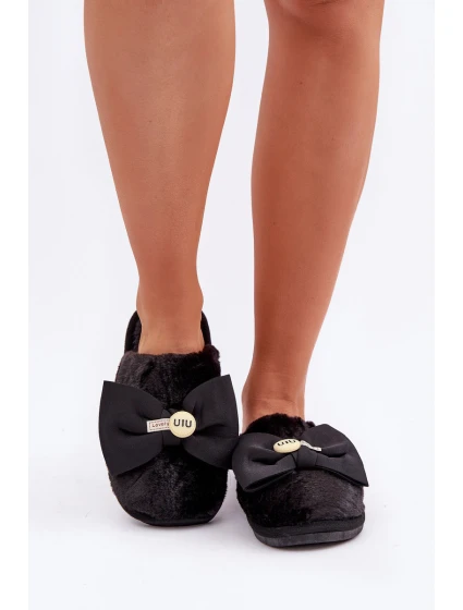 Kapcie Damskie Z Futerkiem I Kokardą Czarne Olfedi