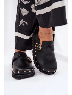 Skórzane Klapki Chodaki Damskie Na Platformie Big Star RR274A378 Czarne