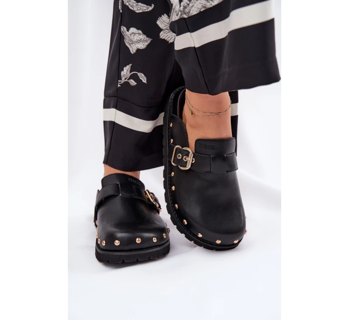 Skórzane Klapki Chodaki Damskie Na Platformie Big Star RR274A378 Czarne Skórzane Klapki Chodaki Damskie Na Platformie Big Star RR274A378 Czarne