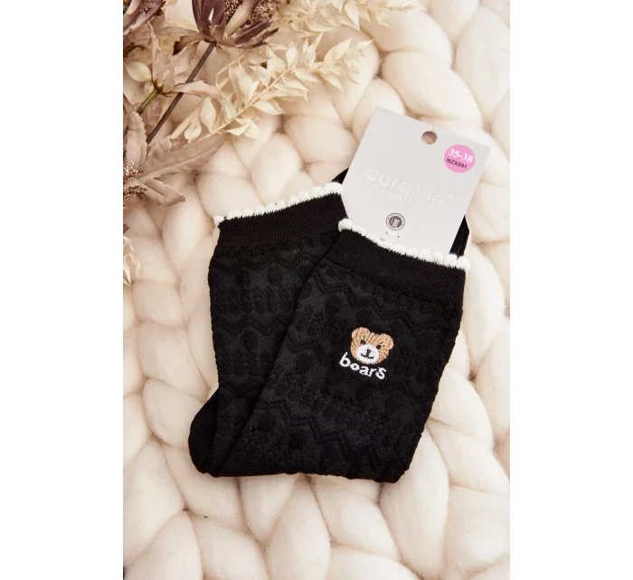 Vzorované dámské ponožky s medvídkem, černé Vzorované dámské ponožky s medvídkem, černé
