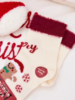 Detské vianočné ponožky s perníkovým motívom, kožušinou a alpakovou vlnou - ecru