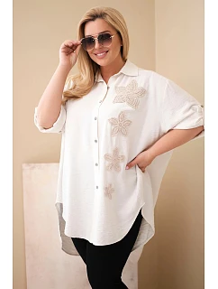Dámska košeľa v nadmernej veľkosti z viskózy s kvetinovou výšivkou v béžovej farbe