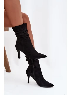 Dámska členková obuv na ihlovom podpätku s prelisovaným zvrškom Ulisse - čierna, eko semiš