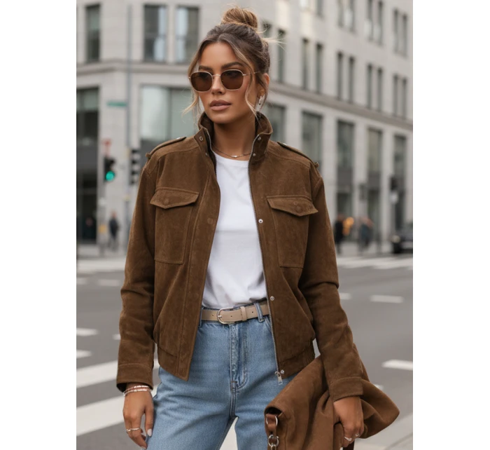 Dámska semišová bunda / bomber TY5578 Tmavo hnedá - Fashion Street