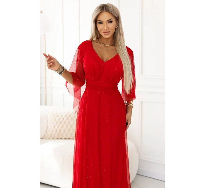 655-5 Dlhé svetlé trblietavé šaty s výstrihom a priehľadnými rukávmi - červené 655-5 Dlhé svetlé trblietavé šaty s výstrihom a priehľadnými rukávmi - červené