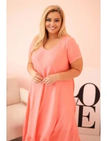 Dámské šaty plus size s krátkým rukávem a volánem z lehké viskózy růžová