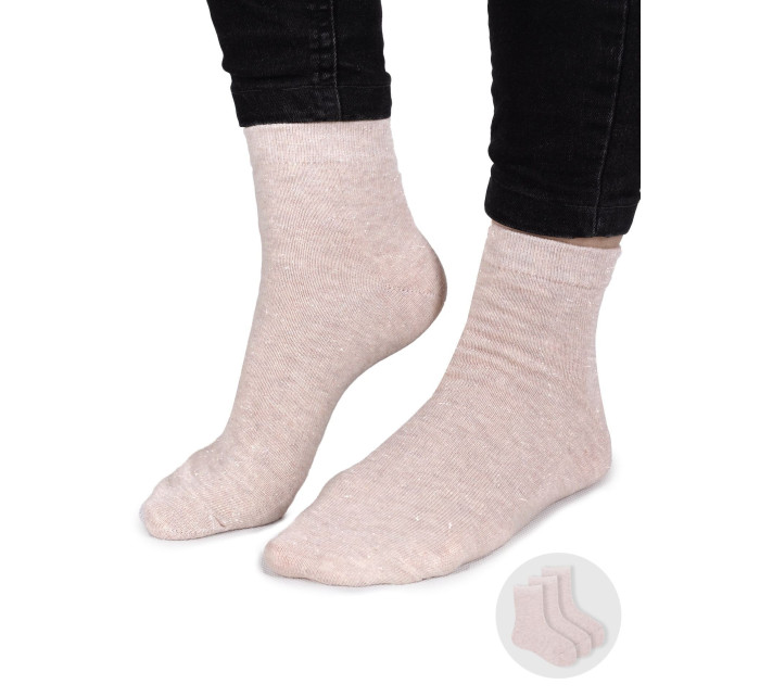 Yoclub Dievčenské hladké ponožky so striebornou niťou 3-pack SKA-0025G-6700 Beige