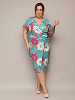 Kvetované obálkové šaty s dĺžkou po kolená zeleno-oranžové (742)