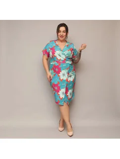 Zeleno-oranžové skladané kvetinové dámske obálkové šaty po kolená (742)