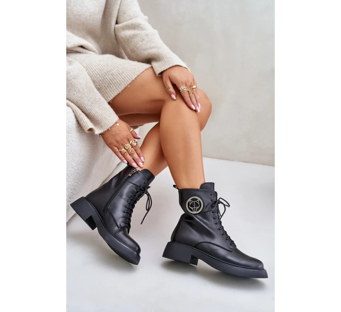 Skórzane Botki Workery Ocieplane Na Zamek Z Ozdobą Czarne Lorevine