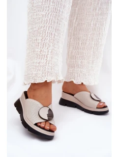 Skórzane Klapki Damskie Z Ozdobą S.Barski LR51-662 Beżowe