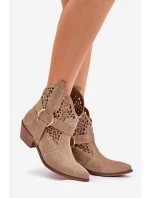 Zamszowe Botki Kowbojki Ażurowe Na Obcasie Zazoo 2994 Beżowe