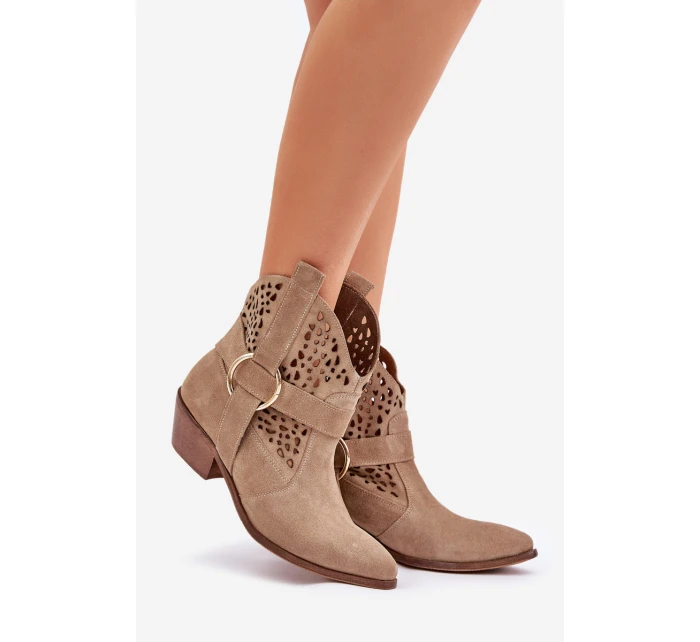 Zamszowe Botki Kowbojki Ażurowe Na Obcasie Zazoo 2994 Beżowe