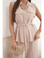 Dámský komplet s vázanou model 22104021 a širokými kalhotami pudrově růžová - K-Fashion