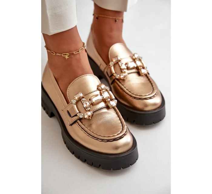 Damskie Skórzane Mokasyny Z Ozdobą CheBello 4369 Złote