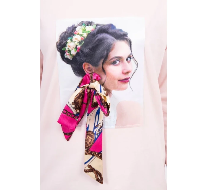 Blúzka s grafickou a farebnou 3D mašľou púdrovo ružová