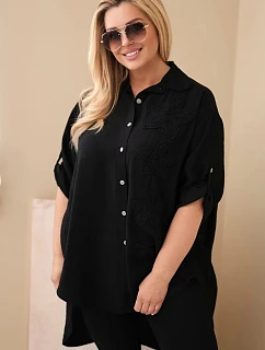 Dámske tričko Plus Size z viskózy s kvetinovou výšivkou čierne