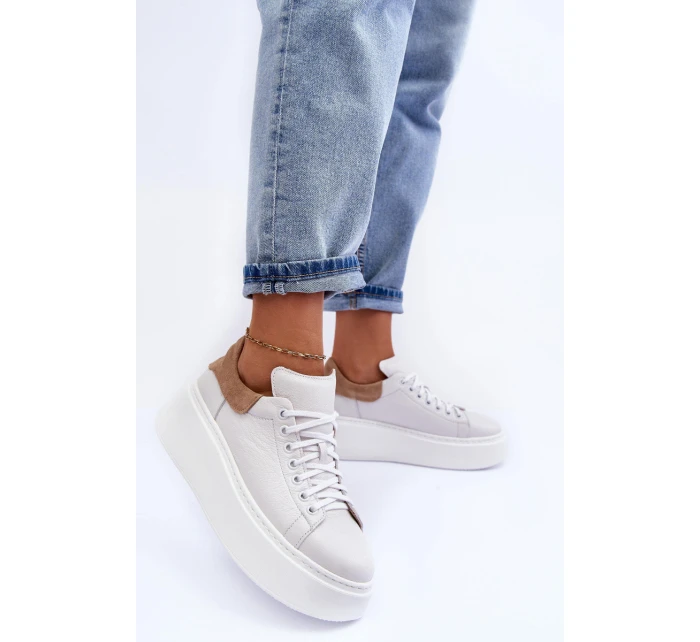 Damskie Buty Sportowe Skórzane na Platformie Białe Lemar 10150