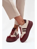 Skórzane Sneakersy Damskie Na Platformie Zazoo 3775 Beżowo-Bordowe